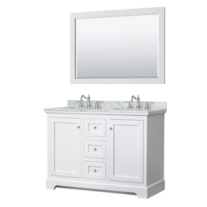 Avery 48 Inch Double Bathroom Vanity in White White Carrara Marble Countertop Undermount Oval Sinks 46 Inch Mirror