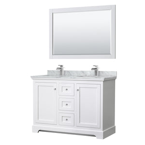 Avery 48 Inch Double Bathroom Vanity in White White Carrara Marble Countertop Undermount Square Sinks 46 Inch Mirror