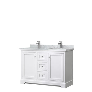 Avery 48 Inch Double Bathroom Vanity in White White Carrara Marble Countertop Undermount Square Sinks No Mirror