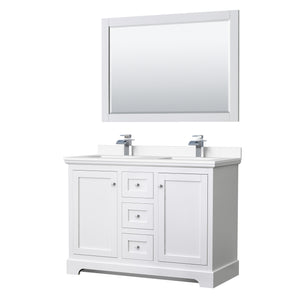 Avery 48 Inch Double Bathroom Vanity in White White Cultured Marble Countertop Undermount Square Sinks 46 Inch Mirror