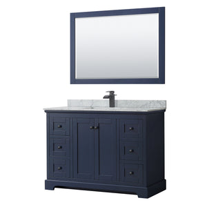 Avery 48 Inch Single Bathroom Vanity in Dark Blue White Carrara Marble Countertop Undermount Square Sink Matte Black Trim 46 Inch Mirror