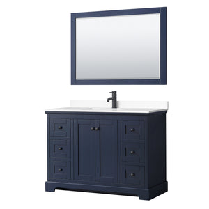 Avery 48 Inch Single Bathroom Vanity in Dark Blue White Cultured Marble Countertop Undermount Square Sink Matte Black Trim 46 Inch Mirror