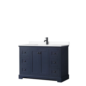 Avery 48 Inch Single Bathroom Vanity in Dark Blue White Cultured Marble Countertop Undermount Square Sink Matte Black Trim