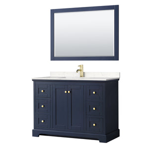 Avery 48 Inch Single Bathroom Vanity in Dark Blue Carrara Cultured Marble Countertop Undermount Square Sink 46 Inch Mirror