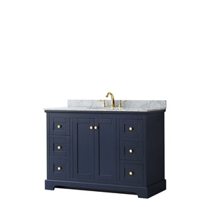 Avery 48 Inch Single Bathroom Vanity in Dark Blue White Carrara Marble Countertop Undermount Oval Sink and No Mirror