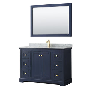 Avery 48 Inch Single Bathroom Vanity in Dark Blue White Carrara Marble Countertop Undermount Square Sink and 46 Inch Mirror