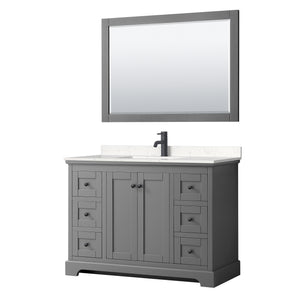 Avery 48 Inch Single Bathroom Vanity in Dark Gray Carrara Cultured Marble Countertop Undermount Square Sink Matte Black Trim 46 Inch Mirror