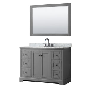 Avery 48 Inch Single Bathroom Vanity in Dark Gray White Carrara Marble Countertop Undermount Oval Sink Matte Black Trim 46 Inch Mirror