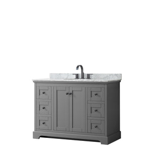 Avery 48 Inch Single Bathroom Vanity in Dark Gray White Carrara Marble Countertop Undermount Oval Sink Matte Black Trim