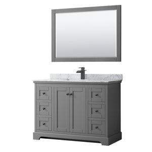 Avery 48 Inch Single Bathroom Vanity in Dark Gray White Carrara Marble Countertop Undermount Square Sink Matte Black Trim 46 Inch Mirror