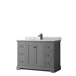 Avery 48 Inch Single Bathroom Vanity in Dark Gray White Carrara Marble Countertop Undermount Square Sink Matte Black Trim