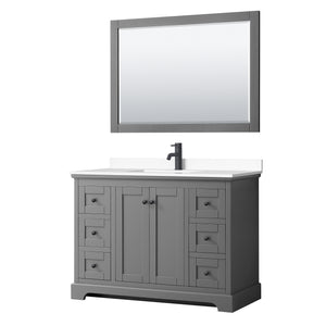 Avery 48 Inch Single Bathroom Vanity in Dark Gray White Cultured Marble Countertop Undermount Square Sink Matte Black Trim 46 Inch Mirror