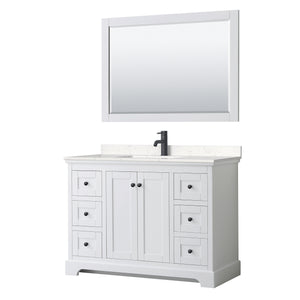 Avery 48 Inch Single Bathroom Vanity in White Carrara Cultured Marble Countertop Undermount Square Sink Matte Black Trim 46 Inch Mirror