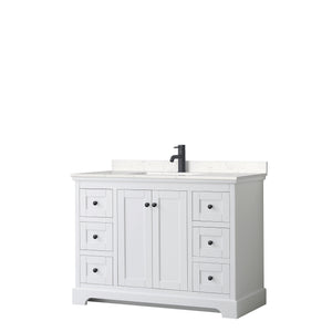 Avery 48 Inch Single Bathroom Vanity in White Carrara Cultured Marble Countertop Undermount Square Sink Matte Black Trim
