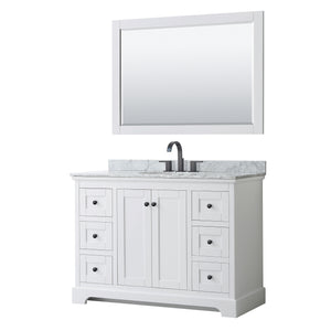 Avery 48 Inch Single Bathroom Vanity in White White Carrara Marble Countertop Undermount Oval Sink Matte Black Trim 46 Inch Mirror