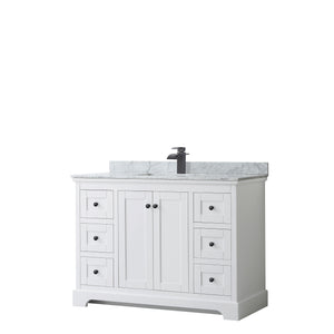 Avery 48 Inch Single Bathroom Vanity in White White Carrara Marble Countertop Undermount Square Sink Matte Black Trim