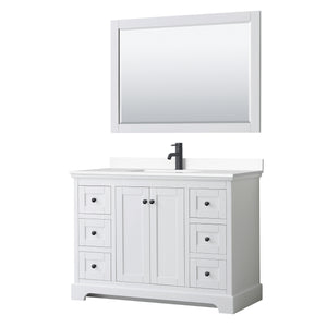 Avery 48 Inch Single Bathroom Vanity in White White Cultured Marble Countertop Undermount Square Sink Matte Black Trim 46 Inch Mirror