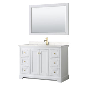 Avery 48 Inch Single Bathroom Vanity in White Carrara Cultured Marble Countertop Undermount Square Sink 46 Inch Mirror Brushed Gold Trim