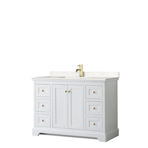 Avery 48 Inch Single Bathroom Vanity in White Carrara Cultured Marble Countertop Undermount Square Sink Brushed Gold Trim