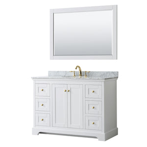 Avery 48 Inch Single Bathroom Vanity in White White Carrara Marble Countertop Undermount Oval Sink 46 Inch Mirror Brushed Gold Trim