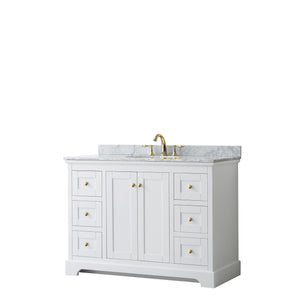 Avery 48 Inch Single Bathroom Vanity in White White Carrara Marble Countertop Undermount Oval Sink Brushed Gold Trim