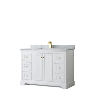 Avery 48 Inch Single Bathroom Vanity in White White Carrara Marble Countertop Undermount Square Sink Brushed Gold Trim