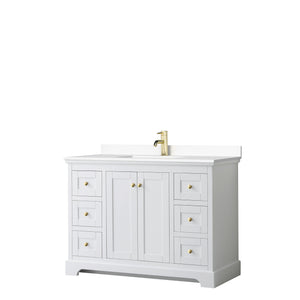Avery 48 Inch Single Bathroom Vanity in White White Cultured Marble Countertop Undermount Square Sink Brushed Gold Trim