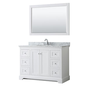 Avery 48 Inch Single Bathroom Vanity in White White Carrara Marble Countertop Undermount Oval Sink and 46 Inch Mirror