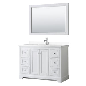 Avery 48 Inch Single Bathroom Vanity in White White Cultured Marble Countertop Undermount Square Sink 46 Inch Mirror