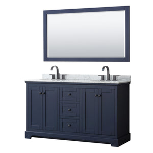 Avery 60 Inch Double Bathroom Vanity in Dark Blue White Carrara Marble Countertop Undermount Oval Sinks Matte Black Trim 58 Inch Mirror