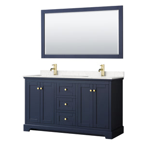 Avery 60 Inch Double Bathroom Vanity in Dark Blue Carrara Cultured Marble Countertop Undermount Square Sinks 58 Inch Mirror