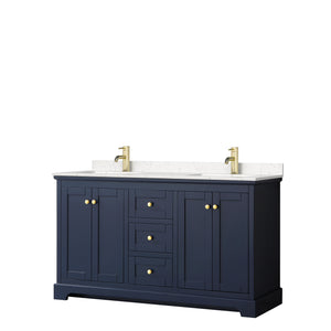 Avery 60 Inch Double Bathroom Vanity in Dark Blue Carrara Cultured Marble Countertop Undermount Square Sinks No Mirror