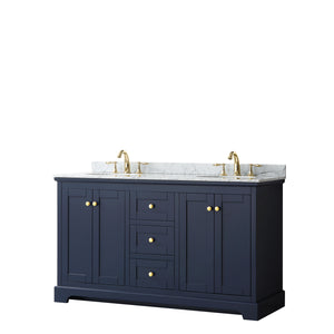 Avery 60 Inch Double Bathroom Vanity in Dark Blue White Carrara Marble Countertop Undermount Oval Sinks and No Mirror