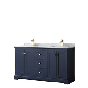Avery 60 Inch Double Bathroom Vanity in Dark Blue White Carrara Marble Countertop Undermount Square Sinks and No Mirror