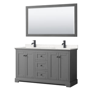 Avery 60 Inch Double Bathroom Vanity in Dark Gray Carrara Cultured Marble Countertop Undermount Square Sinks Matte Black Trim 58 Inch Mirror