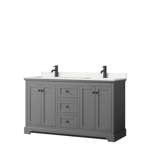 Avery 60 Inch Double Bathroom Vanity in Dark Gray Carrara Cultured Marble Countertop Undermount Square Sinks Matte Black Trim