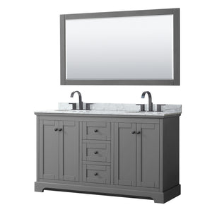 Avery 60 Inch Double Bathroom Vanity in Dark Gray White Carrara Marble Countertop Undermount Oval Sinks Matte Black Trim 58 Inch Mirror