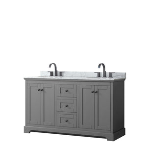 Avery 60 Inch Double Bathroom Vanity in Dark Gray White Carrara Marble Countertop Undermount Oval Sinks Matte Black Trim