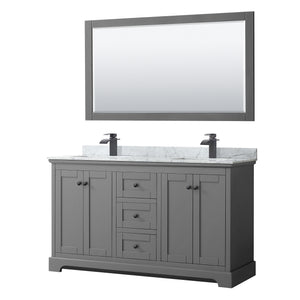 Avery 60 Inch Double Bathroom Vanity in Dark Gray White Carrara Marble Countertop Undermount Square Sinks Matte Black Trim 58 Inch Mirror