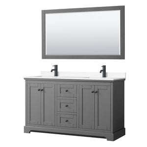 Avery 60 Inch Double Bathroom Vanity in Dark Gray White Cultured Marble Countertop Undermount Square Sinks Matte Black Trim 58 Inch Mirror