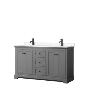 Avery 60 Inch Double Bathroom Vanity in Dark Gray White Cultured Marble Countertop Undermount Square Sinks Matte Black Trim