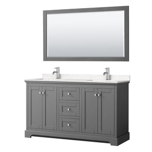 Avery 60 Inch Double Bathroom Vanity in Dark Gray Carrara Cultured Marble Countertop Undermount Square Sinks 58 Inch Mirror