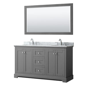 Avery 60 Inch Double Bathroom Vanity in Dark Gray White Carrara Marble Countertop Undermount Oval Sinks and 58 Inch Mirror