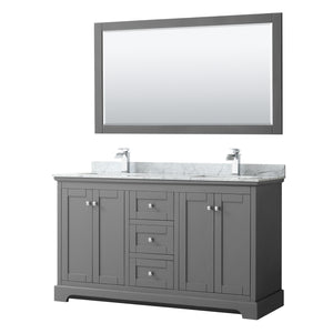 Avery 60 Inch Double Bathroom Vanity in Dark Gray White Carrara Marble Countertop Undermount Square Sinks and 58 Inch Mirror