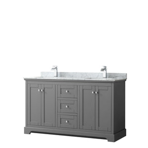 Avery 60 Inch Double Bathroom Vanity in Dark Gray White Carrara Marble Countertop Undermount Square Sinks and No Mirror