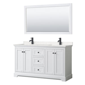 Avery 60 Inch Double Bathroom Vanity in White Carrara Cultured Marble Countertop Undermount Square Sinks Matte Black Trim 58 Inch Mirror