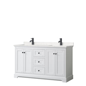 Avery 60 Inch Double Bathroom Vanity in White Carrara Cultured Marble Countertop Undermount Square Sinks Matte Black Trim