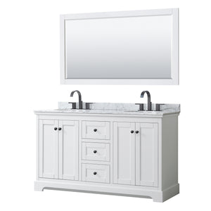 Avery 60 Inch Double Bathroom Vanity in White White Carrara Marble Countertop Undermount Oval Sinks Matte Black Trim 58 Inch Mirror
