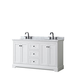 Avery 60 Inch Double Bathroom Vanity in White White Carrara Marble Countertop Undermount Oval Sinks Matte Black Trim