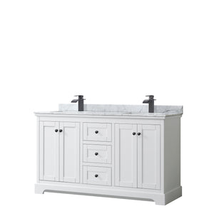 Avery 60 Inch Double Bathroom Vanity in White White Carrara Marble Countertop Undermount Square Sinks Matte Black Trim